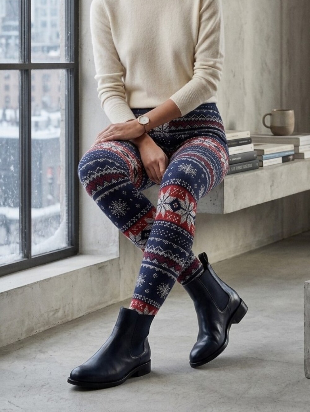 No Boundaries Navy Fair Isle Leggings with Red and White Snowflake Motif